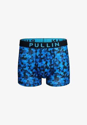 Boxers bleus ornés d'un motif de cœurs dans des nuances de bleu et de noir. Ceinture noire avec le nom de la marque "PULLIN" en bleu clair.