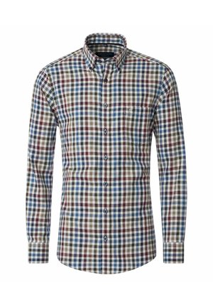 Karierte Hemd mit einer Mischung aus blauen, grünen und burgunderfarbenen Quadraten. Button-down-Kragen, lange Ärmel und eine Brusttasche.