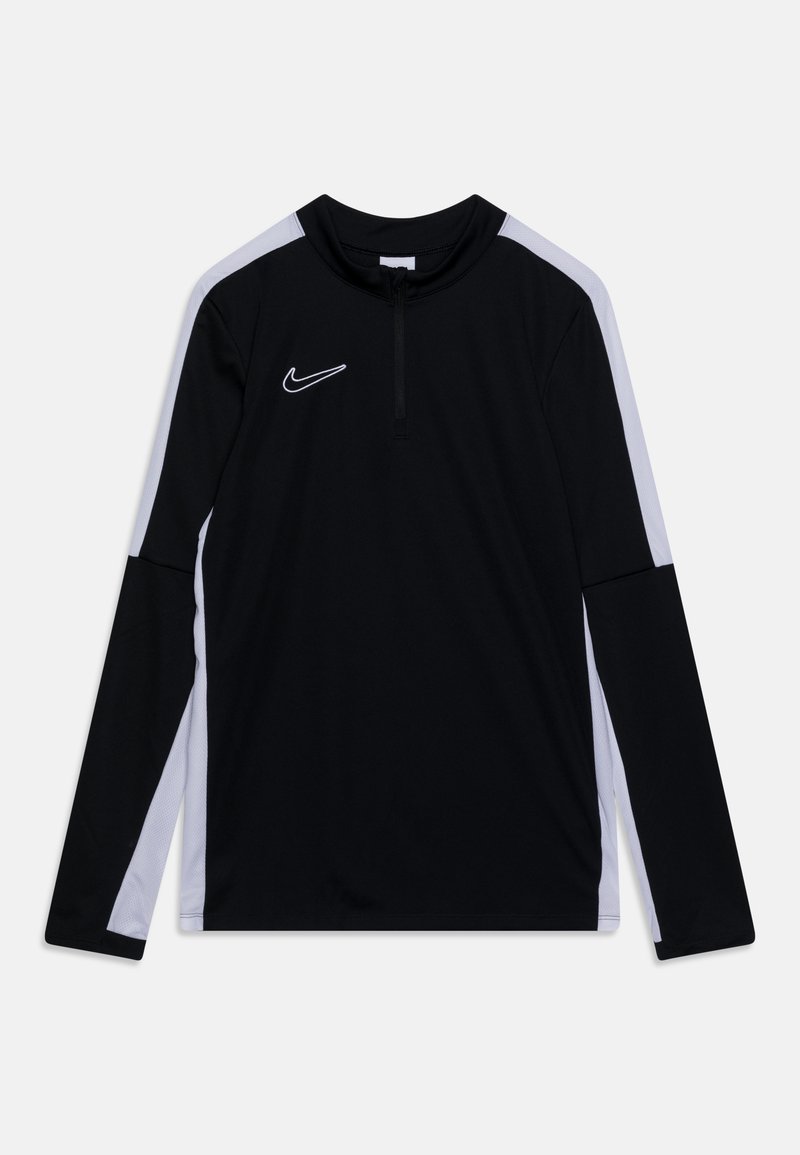 Black athletic long-sleeve shirt with a quarter-zip, white side panels, and a small embroidered logo on the chest. Smooth fabric texture.