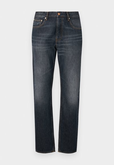 Mörkblå denimjeans med rak bendesign, som har fem fickor, kopparfärgad hårdvara och subtila blekningar på låren.