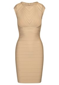 Nude bodycon klänning med en kroppsnära design, ribbad textur, ärmlös skärning och rund halsringning. Dragkedja bak.