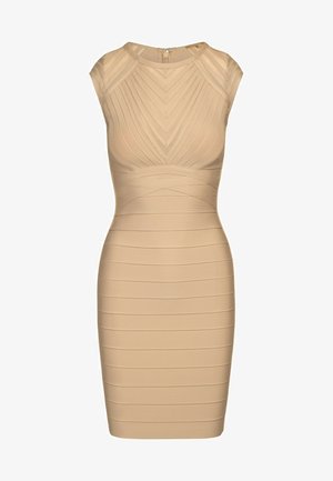 Nude sukienka bodycon z dopasowanym krojem, żebrowaną teksturą, bez rękawów oraz okrągłym dekoltem. Zapięcie na suwak z tyłu.