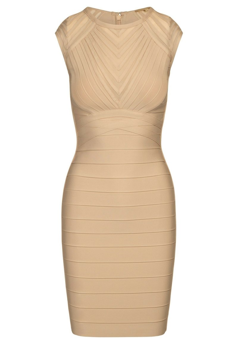Nude bodycon klänning med en kroppsnära design, ribbad textur, ärmlös skärning och rund halsringning. Dragkedja bak.