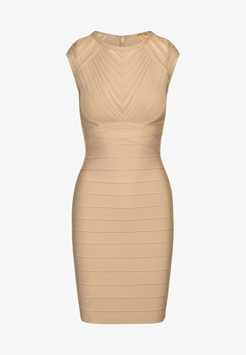 Nude bodycon klänning med en kroppsnära design, ribbad textur, ärmlös skärning och rund halsringning. Dragkedja bak.