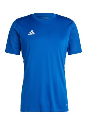 Blaues kurzärmliges Sportshirt aus leichtem Material. Verfügt über Netzpanels an den Schultern und ein weißes Logo auf der oberen linken Brust.