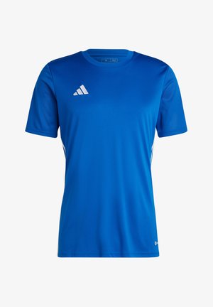 Blaues kurzärmliges Sportshirt aus leichtem Material. Verfügt über Netzpanels an den Schultern und ein weißes Logo auf der oberen linken Brust.