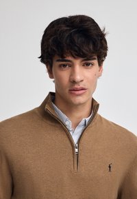 Brauner Reißverschluss-Pullover mit glatter Textur und geripptem Kragen, über einem blau-weiß gestreiften Hemd getragen, das ein kleines Logo auf der Brust zeigt.