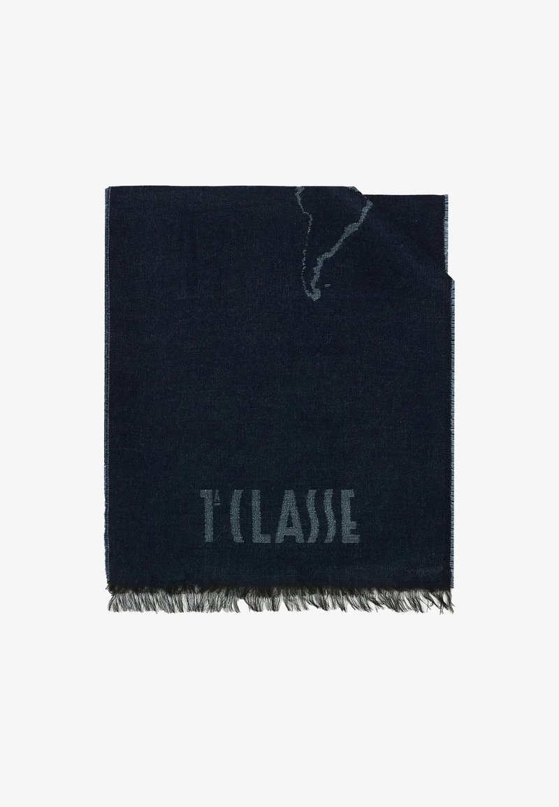Sciarpa blu scuro con bordi sfrangiati e la scritta "T'CLASS" in un azzurro più chiaro, con un sottile motivo testurizzato.