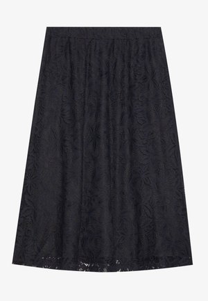 Fustă neagră din dantelă cu model floral, talie strânsă, formă în A și lungime până la genunchi. Textură semi-transparentă.