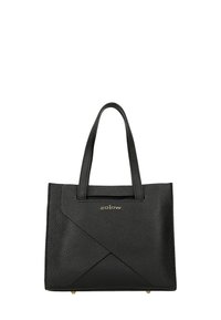 Borsa a tracolla nera in pelle con superficie testurizzata, design geometrico sul davanti, doppi manici corti e logo in oro. Dimensioni non specificate.
