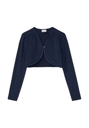 Marineblauer, kurz geschnittener Cardigan mit langen Ärmeln, Knopfverschluss vorne und abgerundetem Saum. Hergestellt aus weichem, elastischem Stoff.