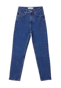 Siniset farkut korkealla vyötäröllä, suorilla lahkeilla, viidellä taskulla ja kontrastisomisteisilla saumoilla. Kangas on sileäpintainen ja hieman teksturoitu.