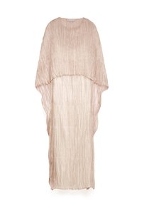 Leichtes, beiges Kleid mit einer zerknitterten Textur. Verfügt über einen runden Ausschnitt und Fledermausärmel, fließendes Design mit einem leichten Schimmer-Finish.