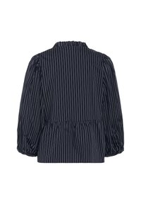 Marinebluse mit weißen vertikalen Streifen, hoher Kragen, Puffärmeln und tailliertem Bund für eine lässige Passform. Keine sichtbaren Verschlüsse.