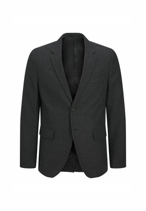 Dark gray blazer in textured fabric with two front pockets, single-button closure, and black lining. Tailored design, classic lapel.