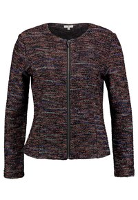 Giacca nera e rossa a trama con accenti blu, caratterizzata da un collo rotondo e chiusura frontale con zip. Maniche lunghe con design aderente.
