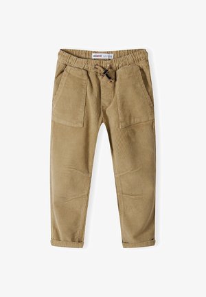 Beige fløjlsbukser til småbørn med elastisk talje, snor, to forlommer med lapper og oprullede manchetter.