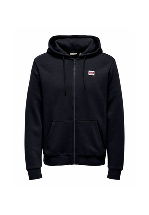 Black zip-up hoodie with front pockets, drawstring hood, ribbed cuffs and hem, and small red and white logo patch on the chest.