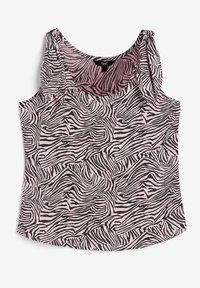 Mouwloze top in roze met een zwart zebrastrepenpatroon. Kenmerkt zich door gathered schouderdetails en een ronde hals. Gemaakt van zachte stof.