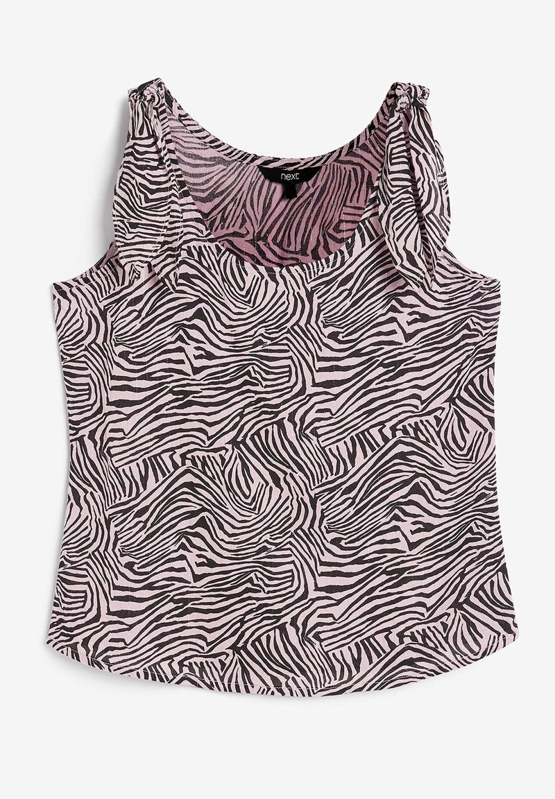 Mouwloze top in roze met een zwart zebrastrepenpatroon. Kenmerkt zich door gathered schouderdetails en een ronde hals. Gemaakt van zachte stof.