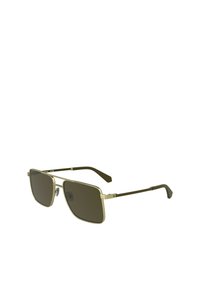 Occhiali da sole in metallo con montatura quadrata, lenti verde oliva e una sottile outline dorata. Presentano naselli regolabili e aste sottili.