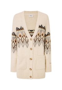 Cardigan color crema con scollo a V, chiusura a bottoni e due tasche frontali. Presenta un design a motivo geometrico in tonalità terrose.