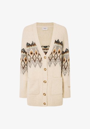 Cremfarbener Cardigan mit V-Ausschnitt, Knopfleiste und zwei vorderen Taschen. Verfügt über ein geometrisches Muster in erdigen Tönen.