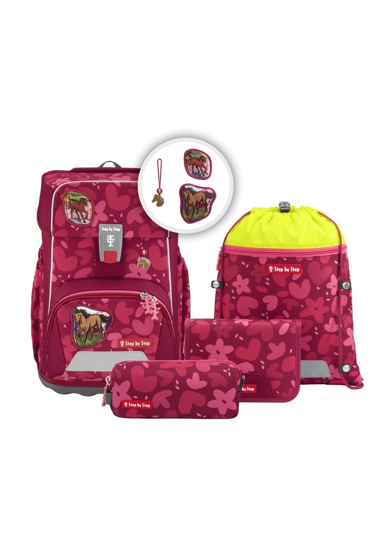 Roze rugzak set met een grote rugzak, een trekkoordtas en een etui, allemaal met bloemmotieven en paardenthema-accenten.