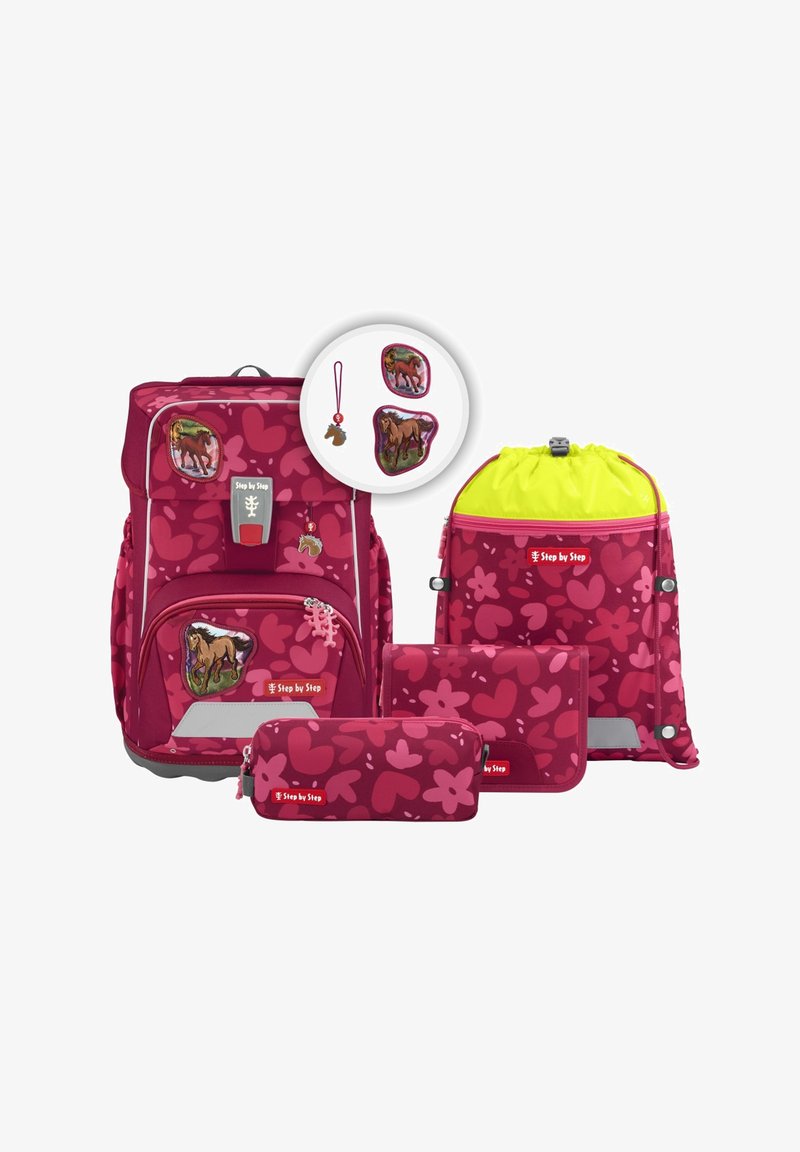 Roze rugzak set met een grote rugzak, een trekkoordtas en een etui, allemaal met bloemmotieven en paardenthema-accenten.