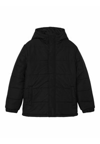 Giacca a vento nera con cappuccio. Le caratteristiche includono un motivo trapuntato, polsini elasticizzati e tasche laterali. Realizzata in tessuto leggero e isolato.