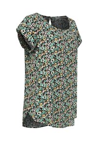 Blouse à manches courtes à motifs floraux avec des fleurs vertes, jaunes et roses sur fond noir, encolure arrondie et détail en forme de trou de serrure à l'arrière.