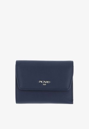 Navy leather wallet with a flap closure, featuring silver logo accent. Smooth texture and compact rectangular shape.