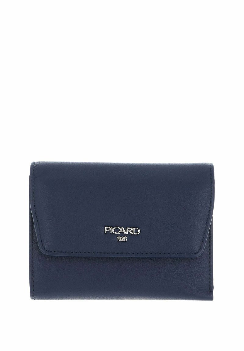 Navy leather wallet with a flap closure, featuring silver logo accent. Smooth texture and compact rectangular shape.