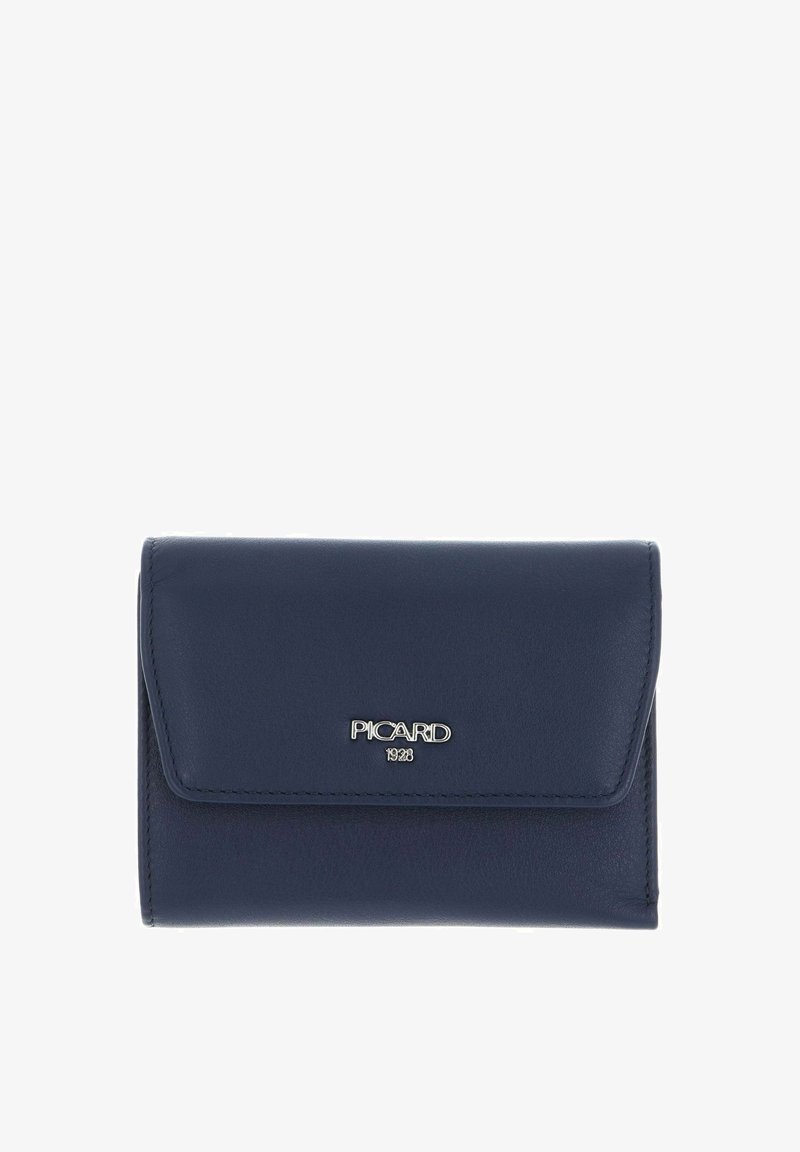 Navy leather wallet with a flap closure, featuring silver logo accent. Smooth texture and compact rectangular shape.