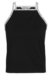 Svart ärmlös topp med tunna vita axelband som har texten "Calvin Klein Jeans" längs kanterna och en subtil logo på bröstet.