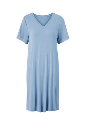 Light blue knee-length dress with short lace-trimmed sleeves and a V-neckline, displayed on a plain white background.