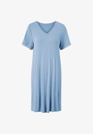 Light blue knee-length dress with short lace-trimmed sleeves and a V-neckline, displayed on a plain white background.