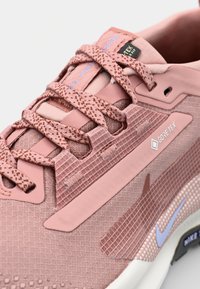 Lyserød atletiksko med struktureret stof, GORE-TEX-mærke, mønstrede snørebånd og en hvid swoosh detalje på en glat sål.