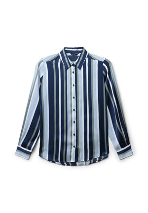 Chemise à manches longues rayée présentant des bandes horizontales bleues, vertes et bleu clair, avec un boutonnage sur le devant et un col. Fini en tissu lisse.