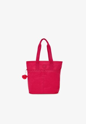 Roze draagtas gemaakt van duurzaam materiaal, met twee bovenhandvatten, een circulair logo en een kleine rode pompon sleutelhanger.