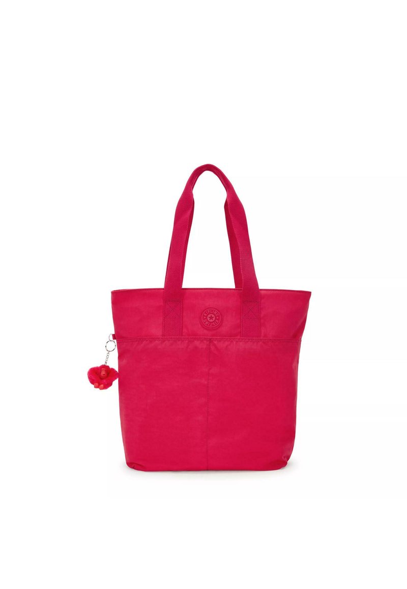 Borsa a spalla rosa realizzata in materiale durevole, con due manici superiori, un logo circolare e un piccolo portachiavi con pom-pom rosso.