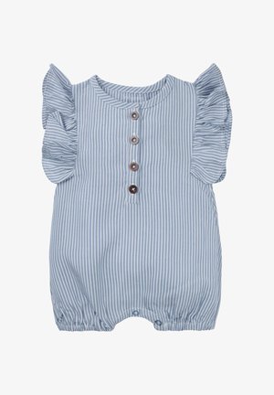 Niebieski romper w paski z falbaniastymi rękawami, okrągłym dekoltem i pięcioma brązowymi guzikami. Posiada elastyczne otwory na nogi i miękką teksturę materiału.