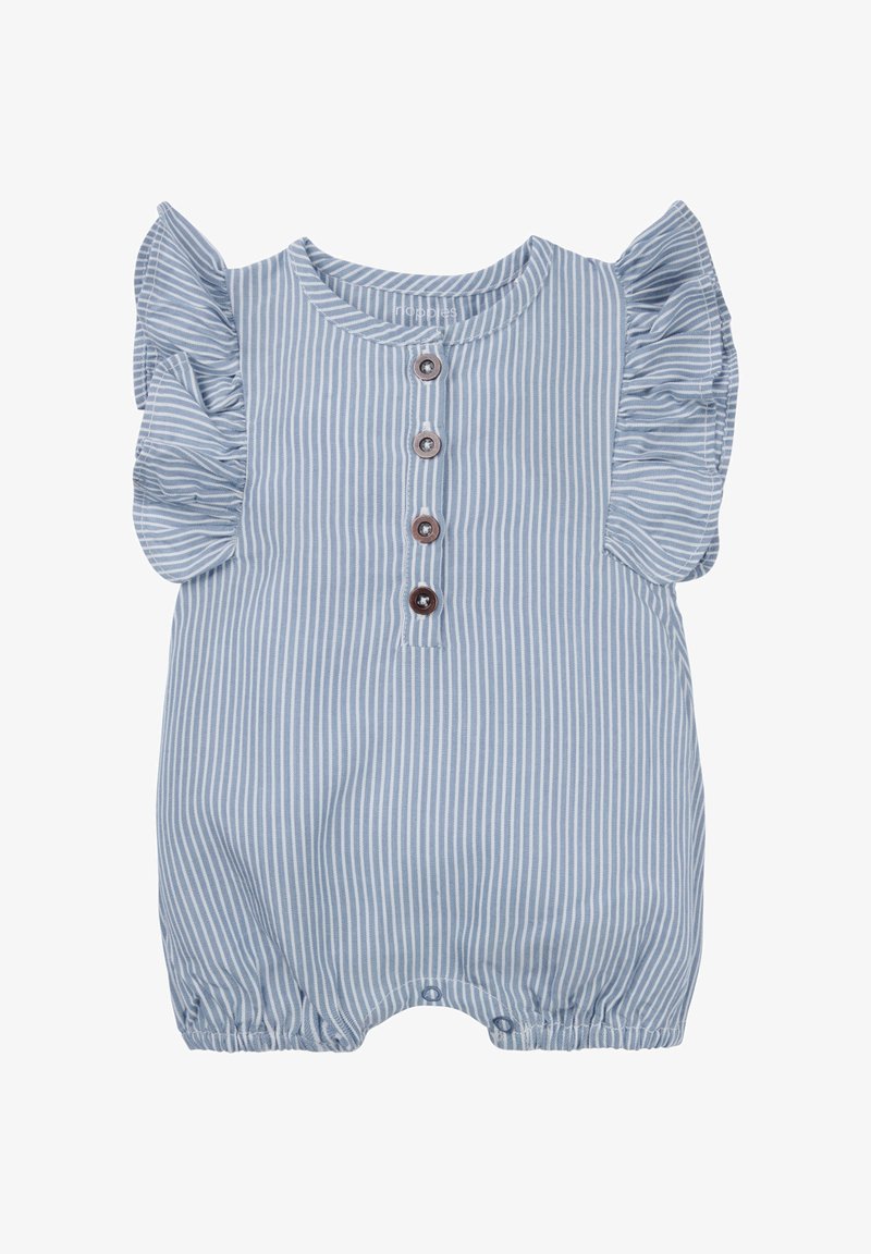 Combinaison bleue rayée avec des manches volantes, un col rond et cinq boutons marron. Présente des ouvertures de jambes élastiquées et une texture de tissu douce.