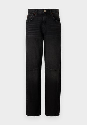 Sorte denimbukser med rette ben, med knappestengning, belteholdere og synlig søm. Middels høyde på livet, to frontlommer.