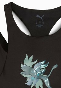 Top negro de tirantes con un gráfico de gato azul-teal brillante y un diseño de hojas. Presenta una estética elegante y minimalista con tirantes anchos.