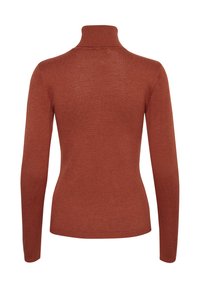 Rustfarbener Rollkragenpullover, figurschnitt, lange Ärmel, gerippter Kragen und Saum, glatte Textur, aus weichem Strickmaterial gefertigt.