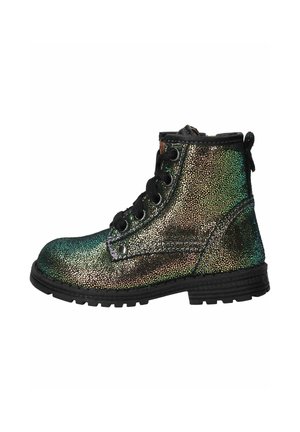 Zwarte veterlaars met een iriserende groene en gouden gespikkelde afwerking en dikke zwarte zool.