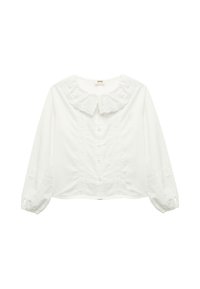 Hvid bluse med flæsekrave, lange pufærmer og lukning med knapper foran. Har lace-detaljer langs brystet og ærmerne.