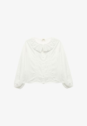 White blouse with a ruffled collar, long puffed sleeves, and front button closure. Features lace detailing along the bodice and sleeves.