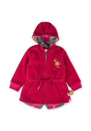 Fleece-Hoodie in leuchtendem Pink mit Kordelzug an der Taille, ausgestattet mit einem Löwenpatch und einer farbenfrohen, mit Blumenmuster gefütterten Kapuze. Kurze, gemusterte Ärmel.